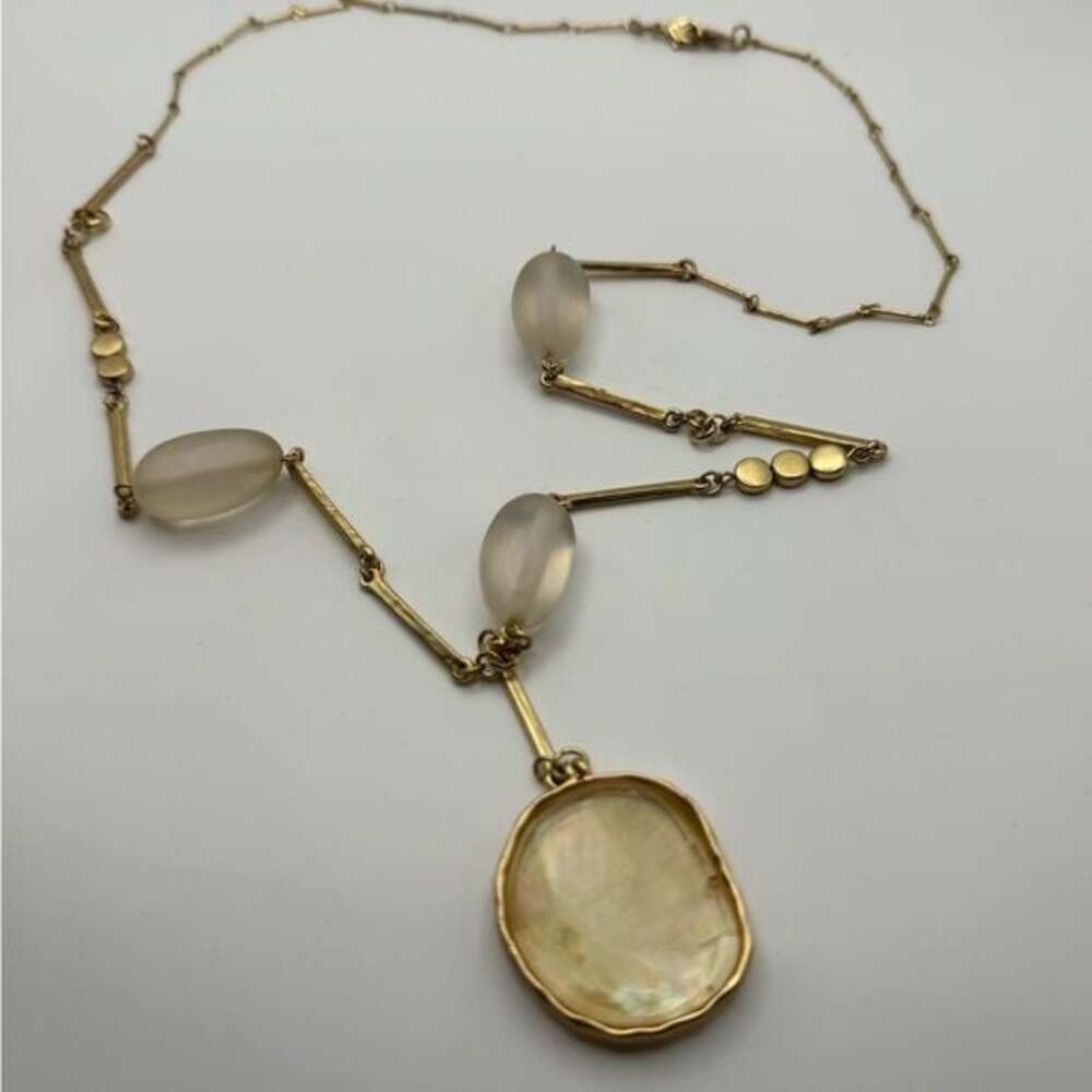 Gold-Tone Artisan Necklace with Frosted Beads & Iridescent Shell Pendant